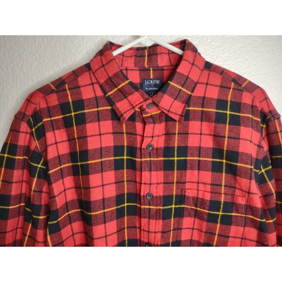 J Crew Flannel Shirt Men's Large Buffalo Plaid Red Black Long Sleeve Cotton - Picture 2 of 10
